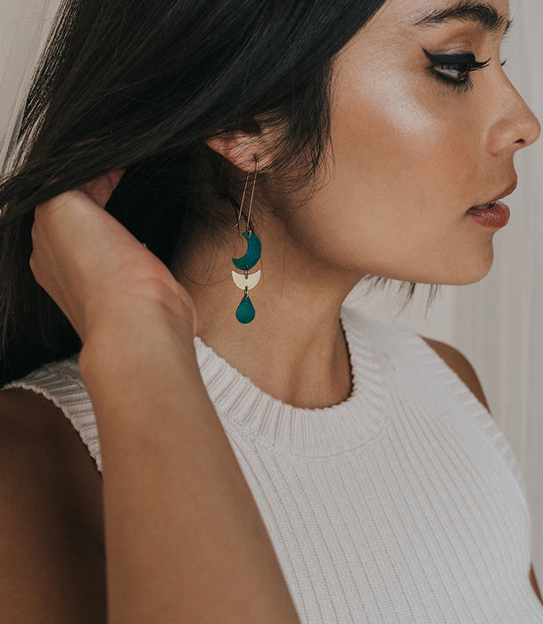Rajani Moon Phase Teal + Gold Drop Earrings