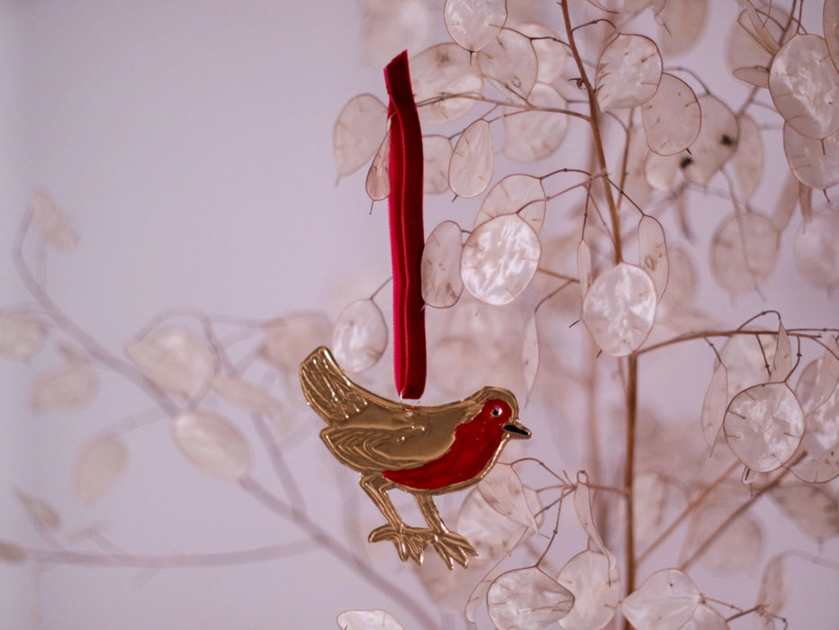 Tin Embossed Robin Ornament with Ribbon