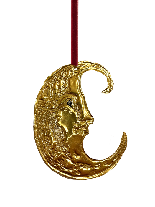 Tin Embossed Moon Ornament with Ribbon