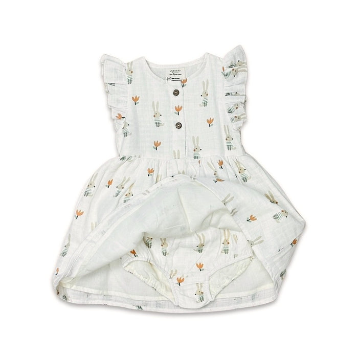 Organic Bunny Ruffle & Button Flare Baby Dress + Bloomer