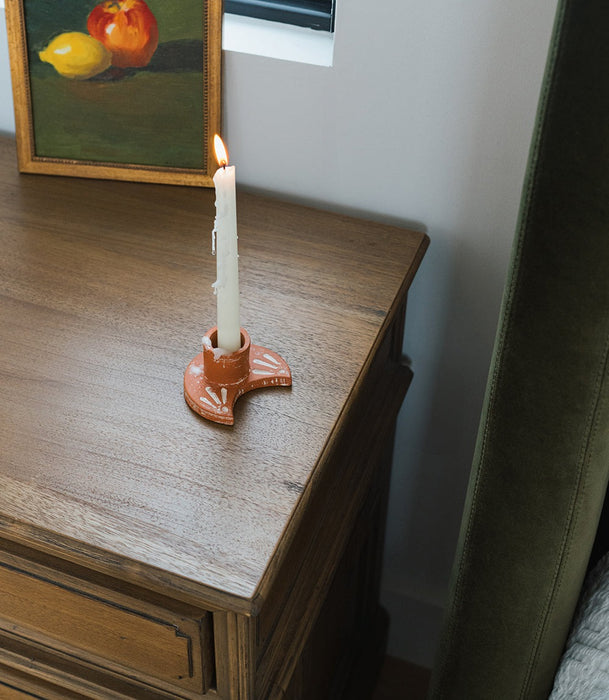 Daksha Terracotta Crescent Moon Taper Candle Holder