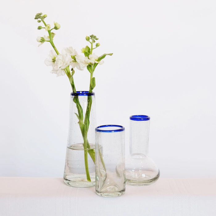 Small Blue Rim Conical Glass Vase