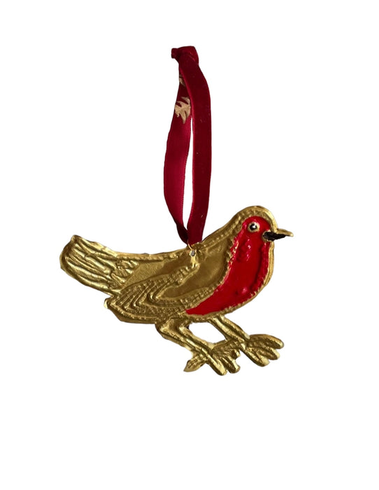 Tin Embossed Robin Ornament with Ribbon