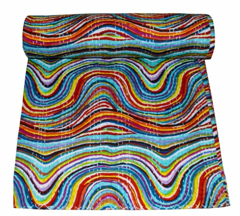 Twin - Rainbow Kantha Quilt 90X60 inches (228X152 CM)