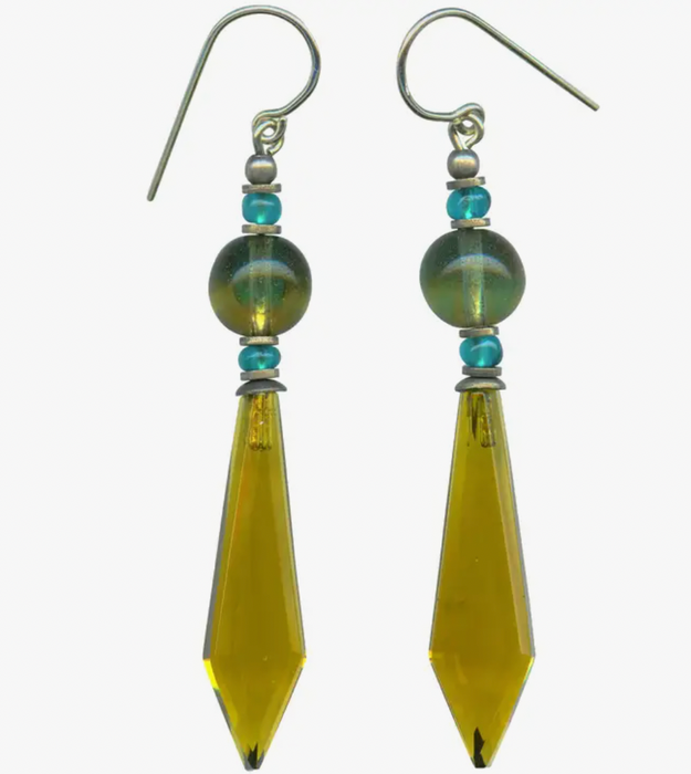 232 - Olivine Green Glass Drop Earrings with Teal Accents