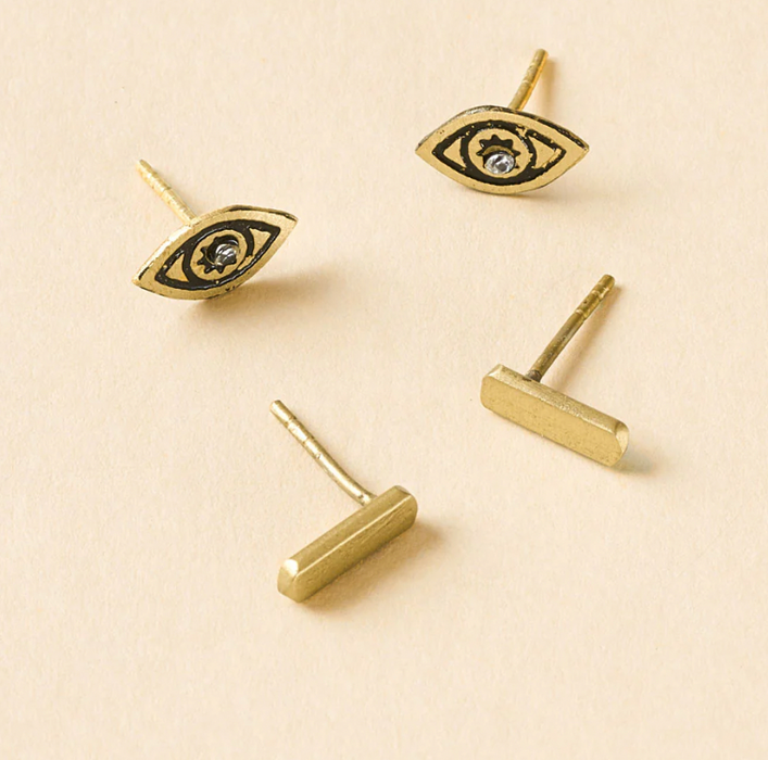 Ruchi Evil Eye Tiny Bar Gold Stud Earrings - Set of 2