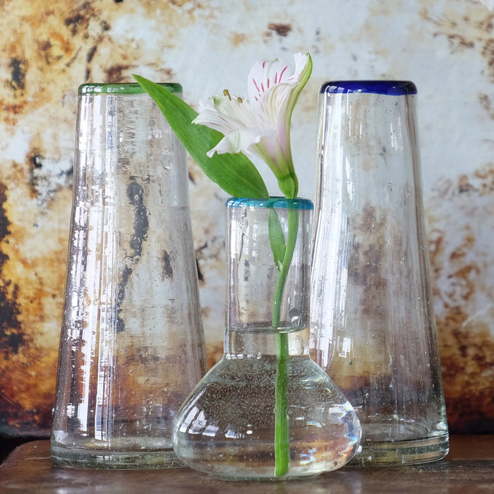 Small Blue Rim Conical Glass Vase