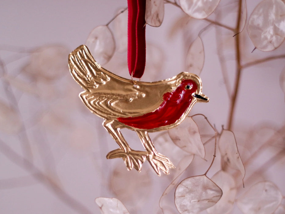 Tin Embossed Robin Ornament with Ribbon