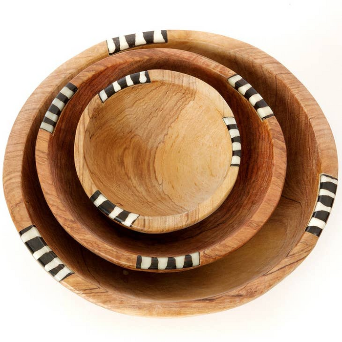 Set of 3 Round Wild Olive Wood Bowls with Dyed Bone Inlay