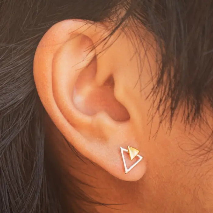 Triangle Post Earrings - Sterling Silver & Bronze