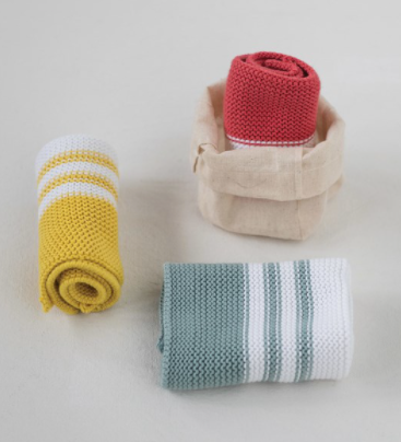 Set of 3 Knit Striped Dishcloths in Cotton Bag