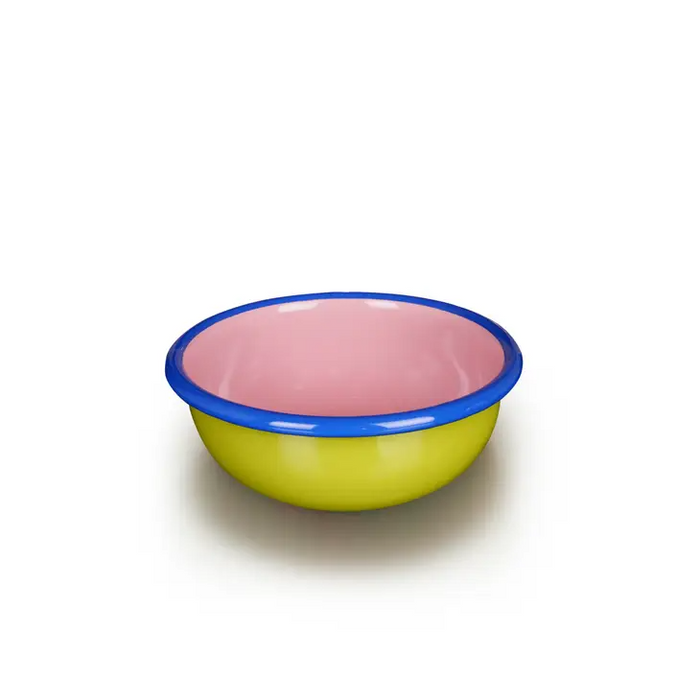 Colorama Bowl 5.25" Chartreuse and Soft Pink with Electric Blue Rim